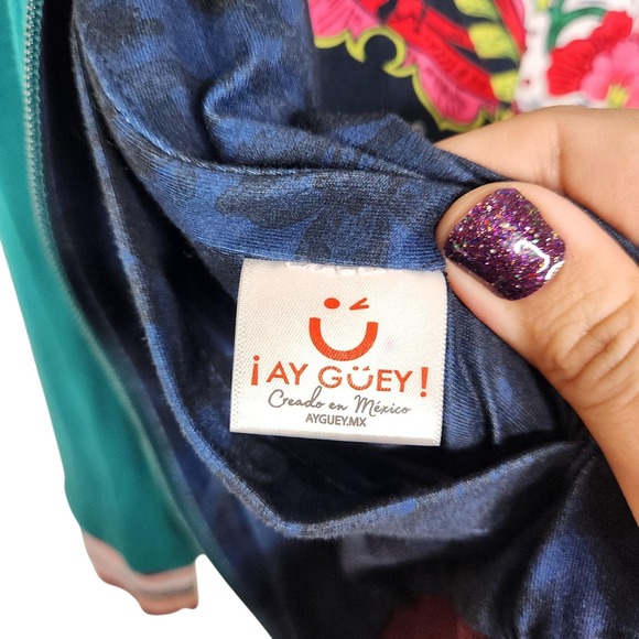 AY GUEY Jacket Unisex Medium Teal Reversible Sugar Skull Floral Bomber Print - Picture 14 of 16